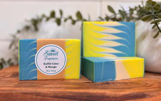 Blue, yellow and white Kaffir Lime & Mango handmade soap