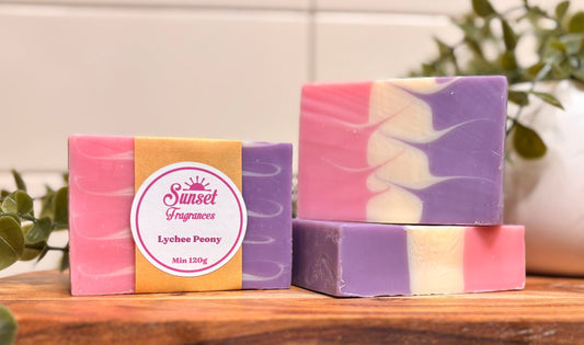 purple white and pink coloured lychee peony handmade soap